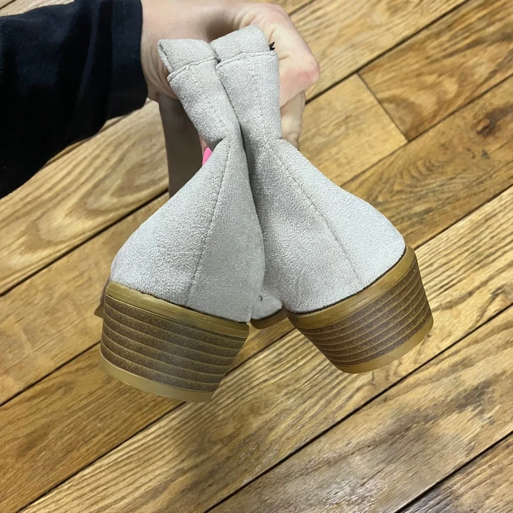 Beige Suede Ankle Boots‎ Side Zip Elastic Chelsea Block Heel Size 42